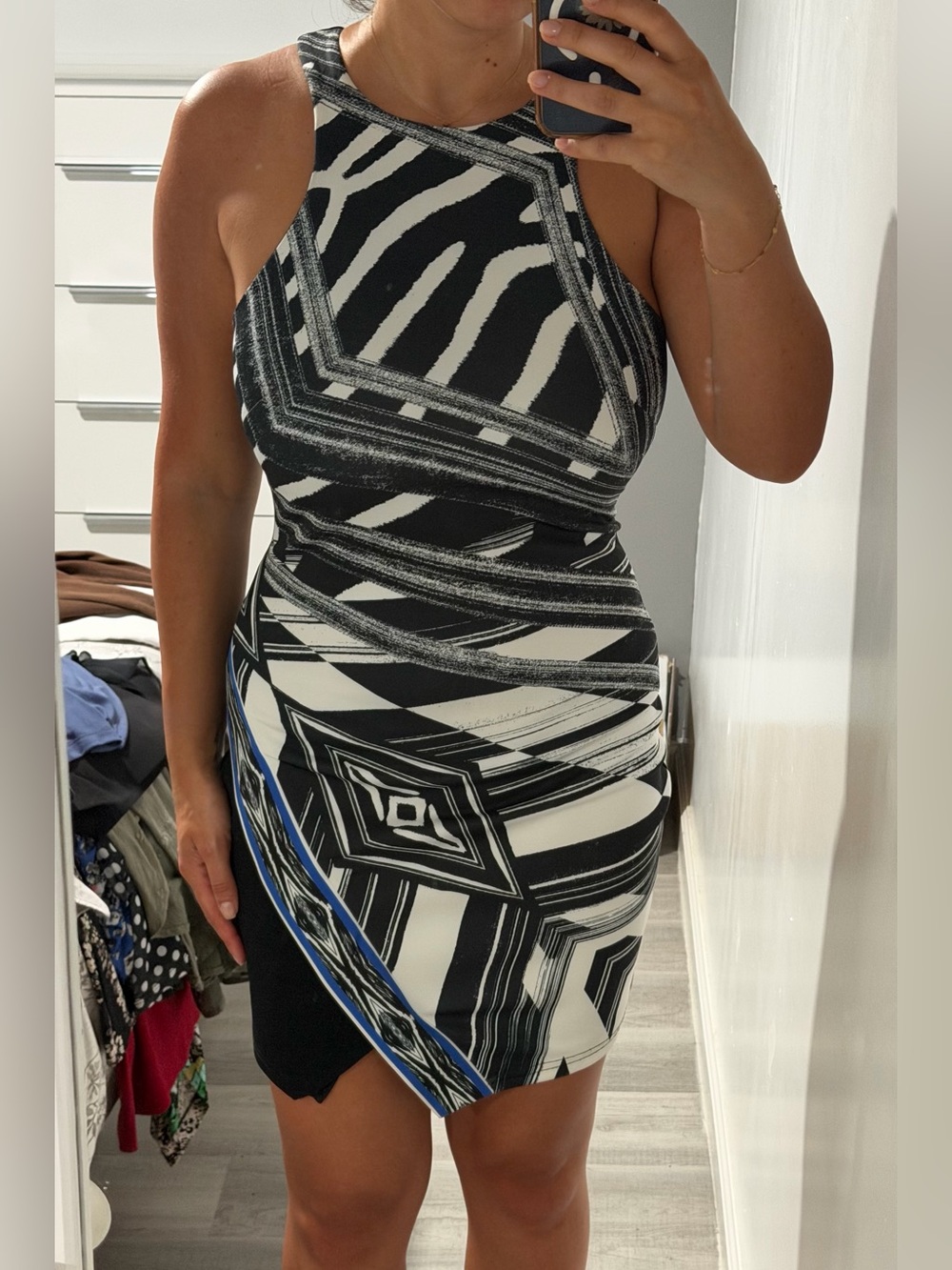 bebe Black & White Geometric Halter Mini Dress with Blue Trim - Picture 3 of 6